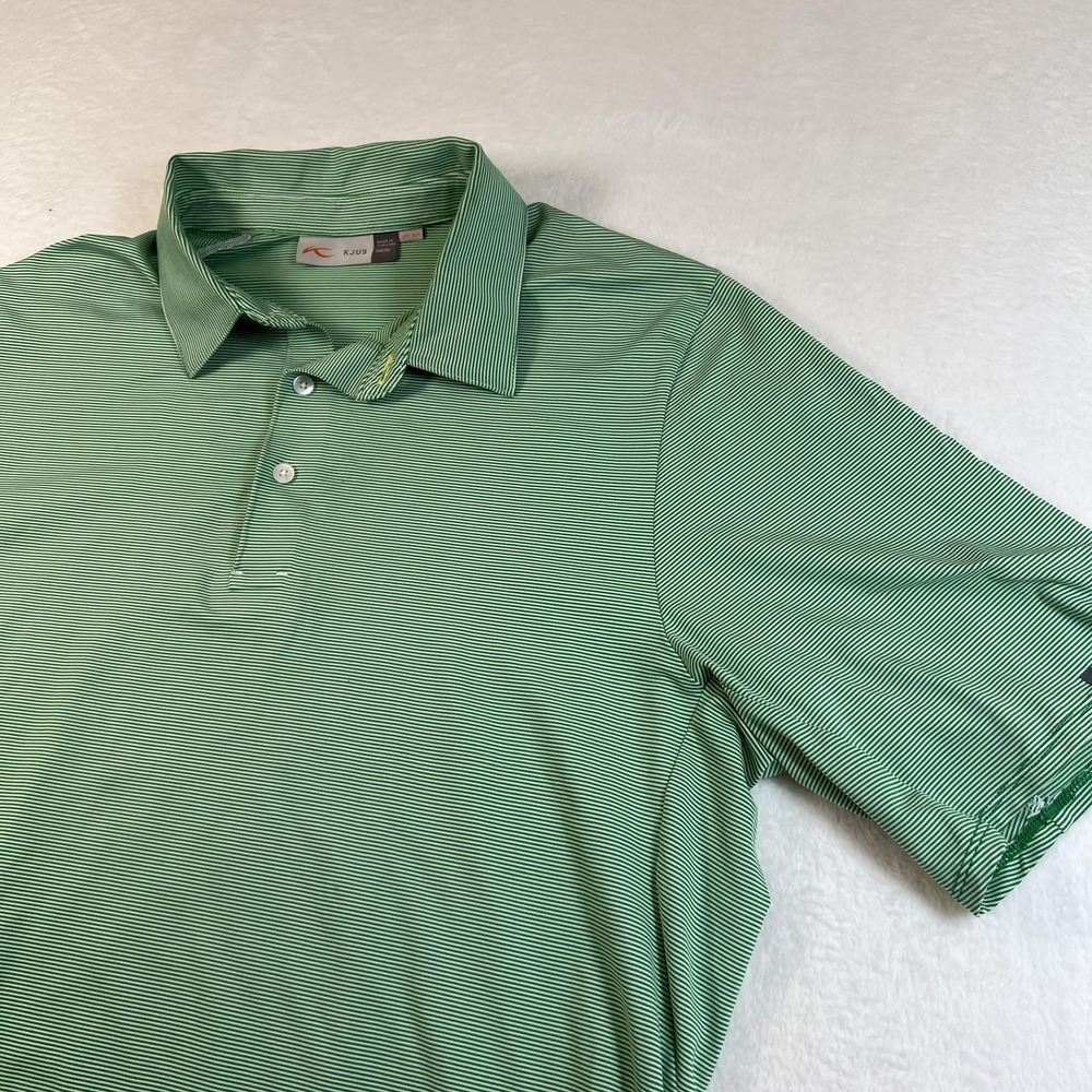 KJUS Polo Shirt Mens XL Green White Stripe Golf‎ UPF 50 Performance Jersey